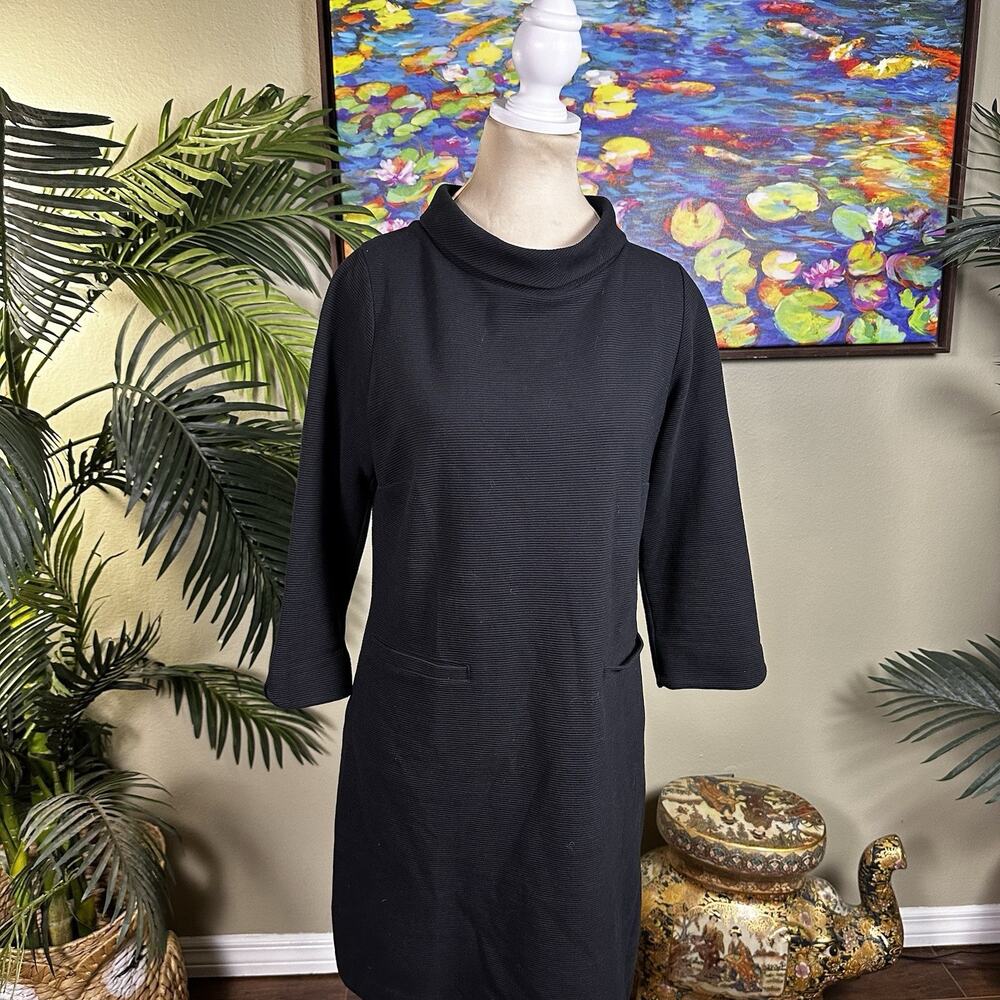 Boden Shift Dress Women 6 Ottoman Black ribbed 3/4 sleeves tab collar knit